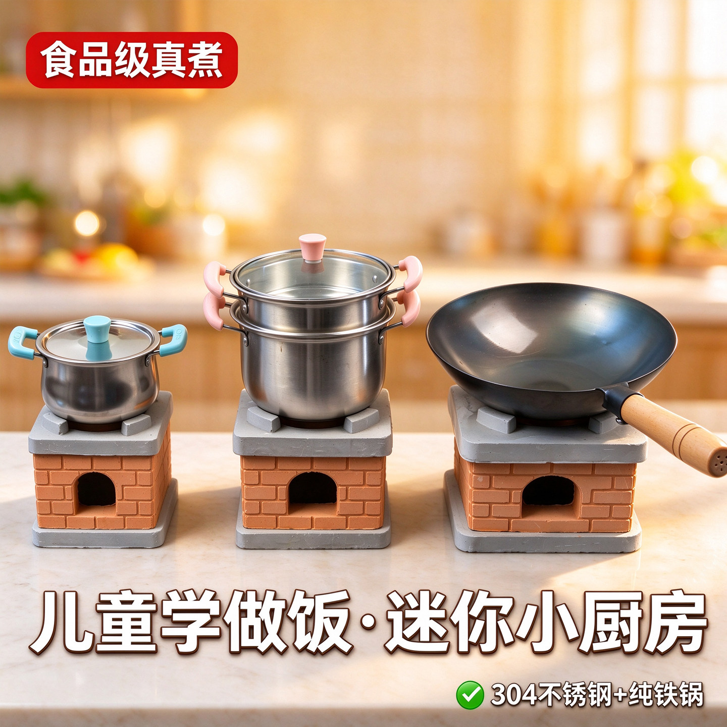 迷你小厨房304不锈钢过家家迷你灶台锅具套装儿童仿真厨房玩具