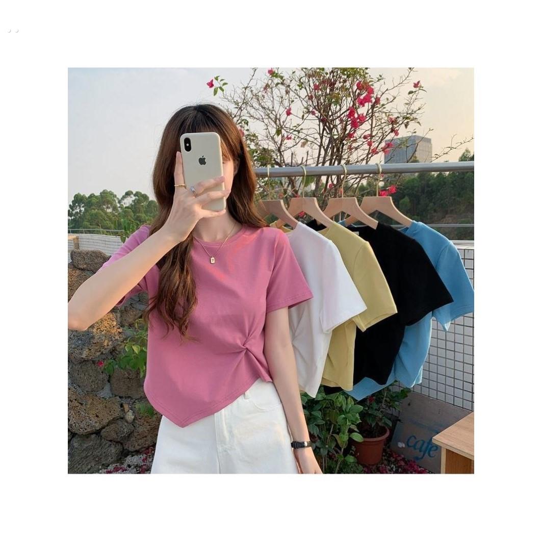 不规则短袖t恤女2024年新款夏季心机设计感小众半袖高腰短款上衣