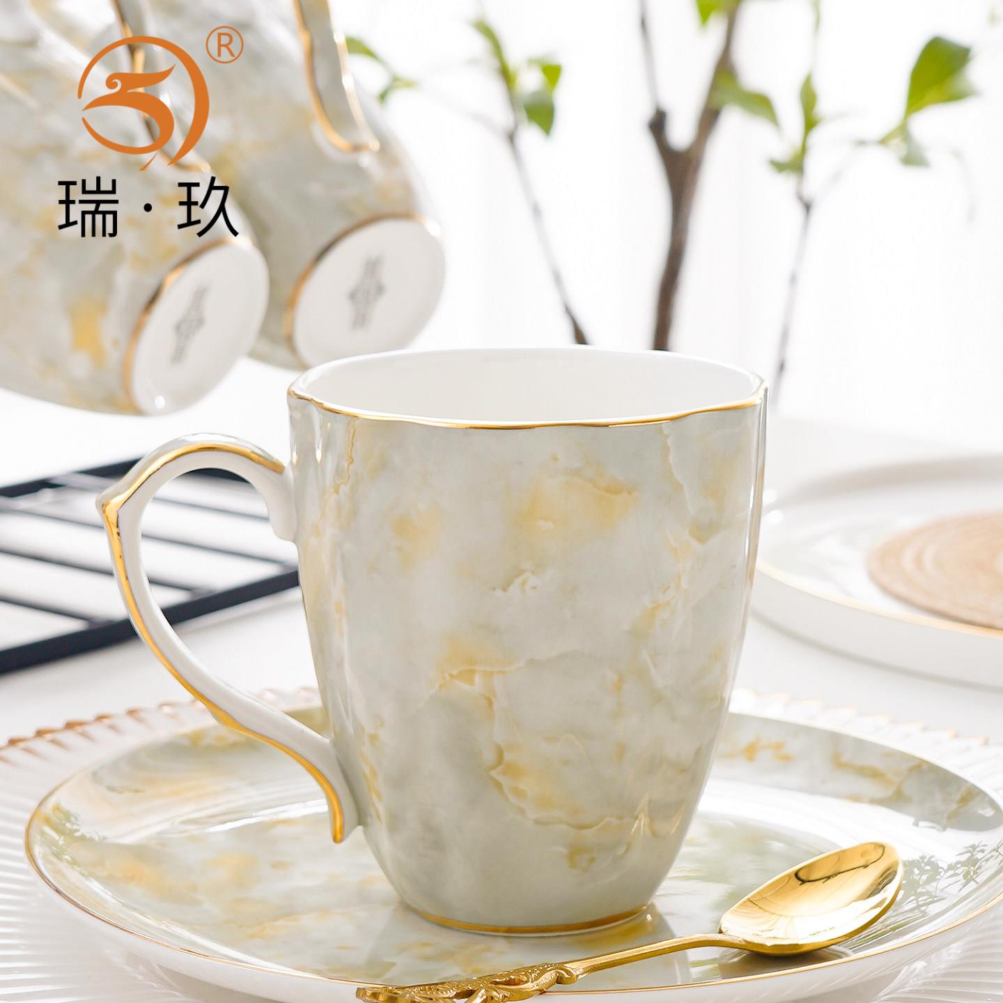 家用欧式骨瓷杯大理石纹创意杯子办公室喝水水杯男女咖啡杯马克杯