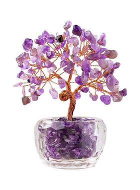 天然水晶树摆件黄水晶发财树琉璃底座聚宝盆家居办公室招财装饰