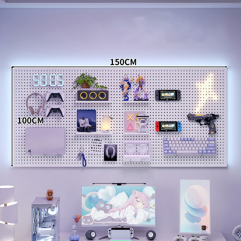 电竞房洞洞板黑色墙上置物架书房上方电脑桌墙面挂板收纳铁艺装饰