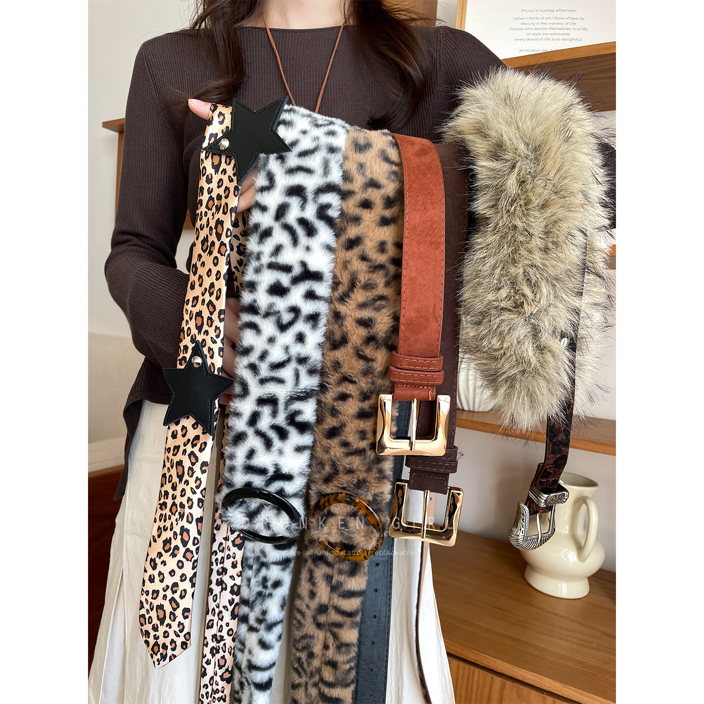 古早Selena秋冬毛绒腰带女