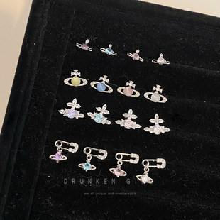 西太后钛钢别针土星耳钉女秋冬睡觉免摘耳骨钉爆闪星球养耳洞耳饰