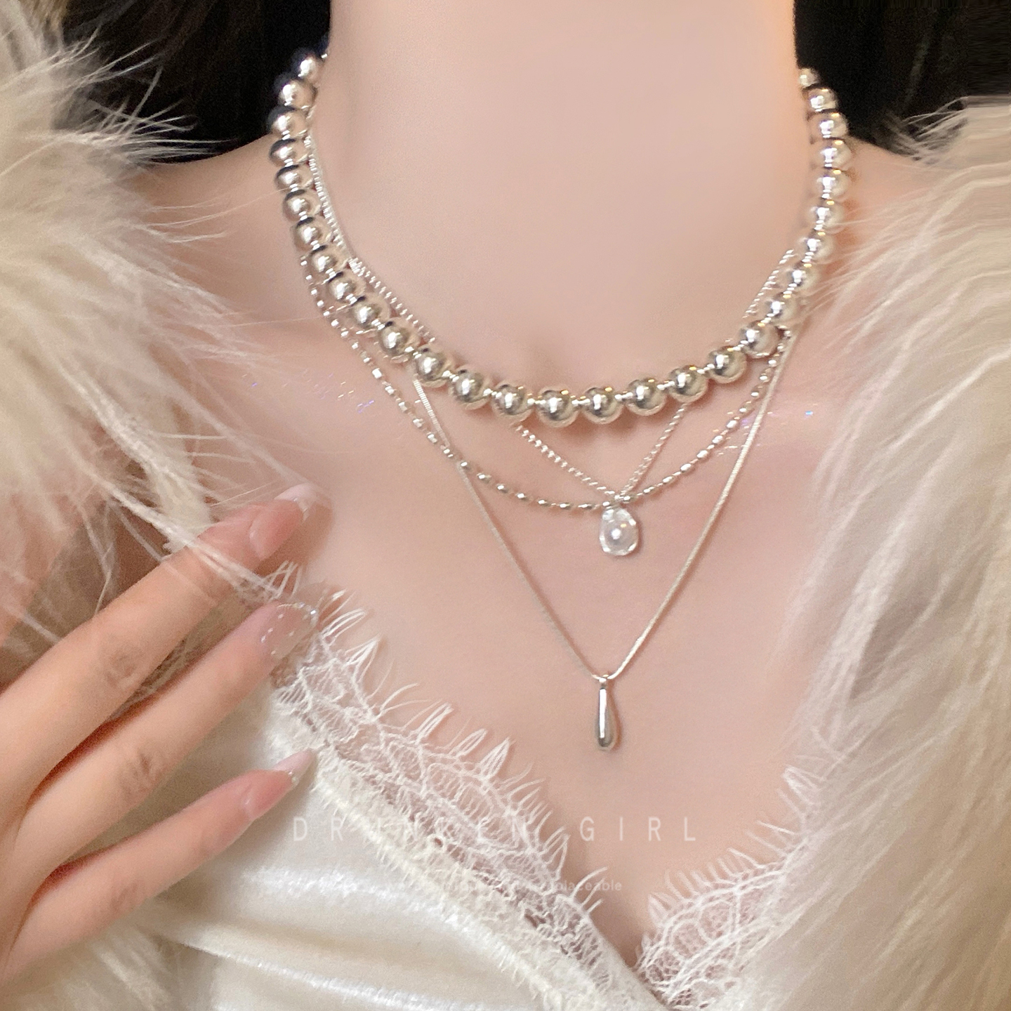 多层叠戴水滴珍珠项链女