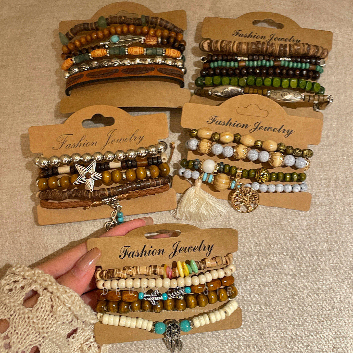 波西米亚椰壳多层手串女复古新中式叠戴手链高颜值学生党古着手饰