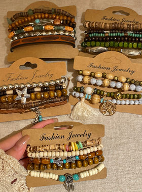 波西米亚椰壳多层手串女秋冬复古新中式叠戴手链高颜值学生党手饰