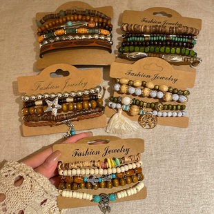 波西米亚椰壳多层手串女秋冬复古新中式叠戴手链高颜值学生党手饰