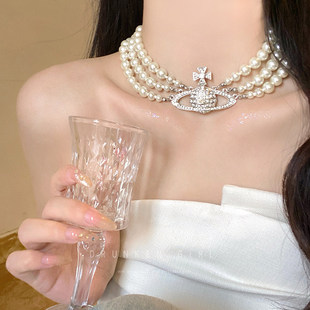 西太后珍珠土星项链女多层叠戴重工闪钻颈链配饰轻奢高级感锁骨链