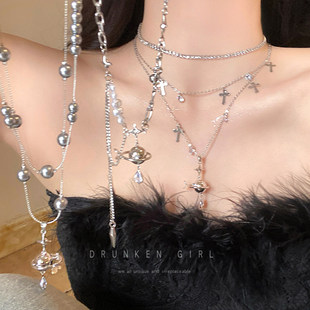 双层叠戴西太后土星珍珠项链女秋冬多层十字架高级长款毛衣链配饰