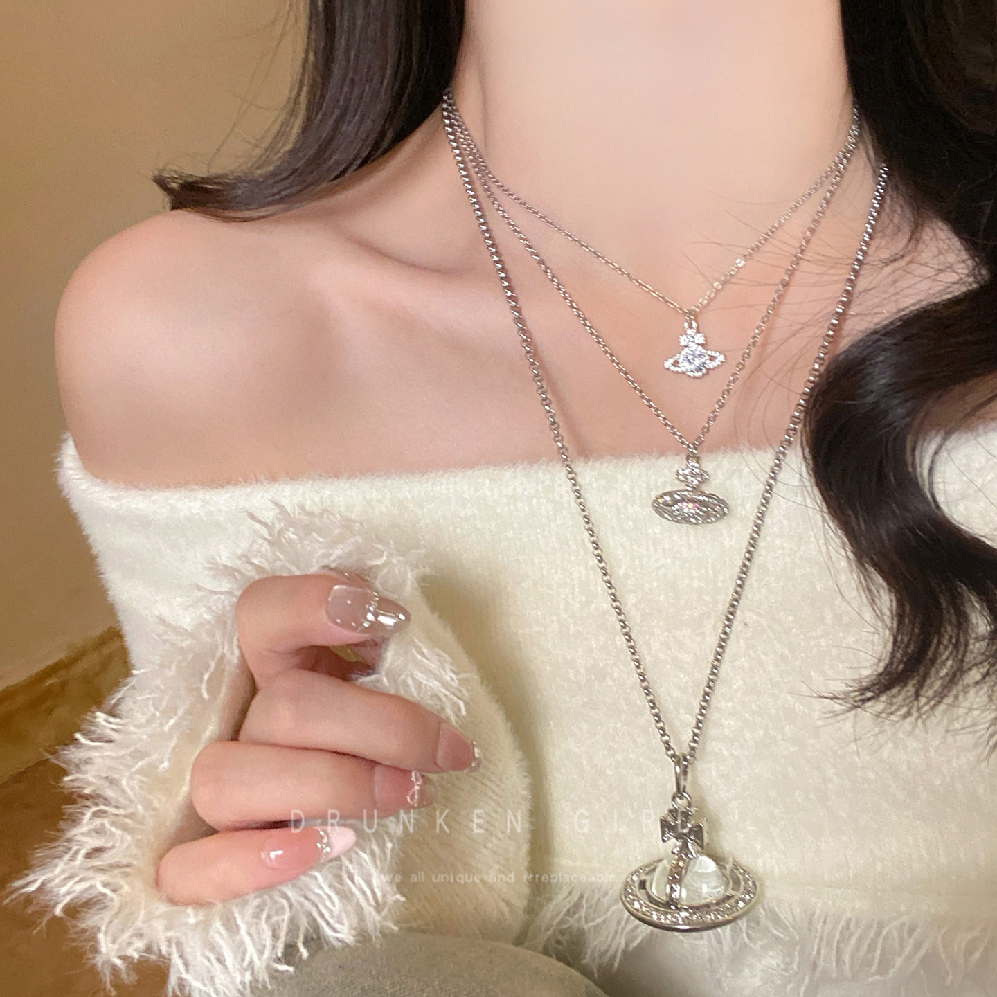 立体西太后满钻土星项链女轻奢小众高级感毛衣链名媛百搭叠戴配饰