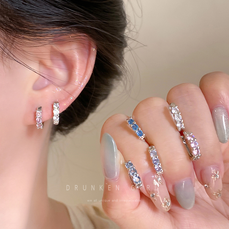 双耳洞超闪彩色锆石耳圈女春天