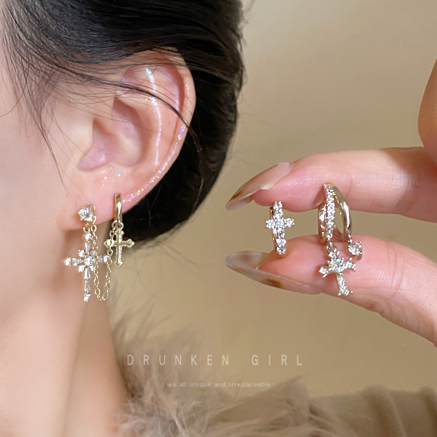 双耳洞十字架耳骨夹女