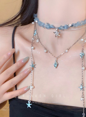 蓝色海螺珍珠流苏项链海边配饰