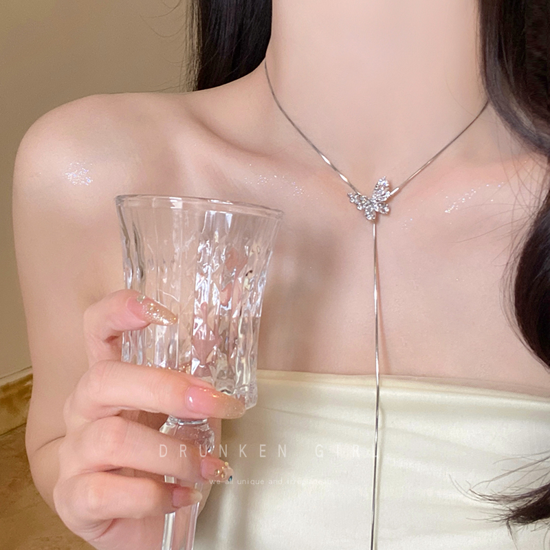 银色蝴蝶流苏长款项链女小众可抽拉调节锁骨链2025新款高级感配饰