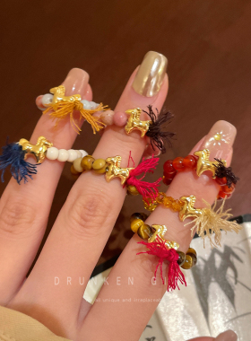 红色玛瑙小马串珠戒指女秋冬