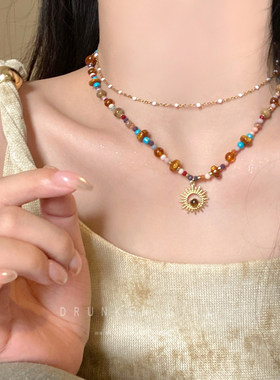 早秋搭配~美拉德太阳花串珠项链