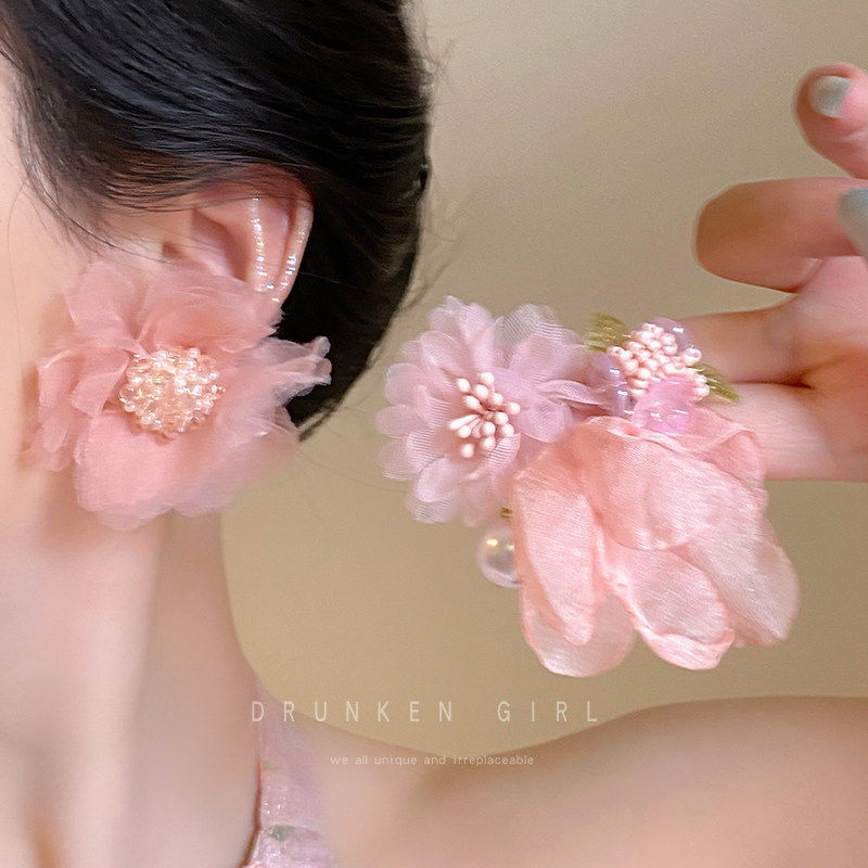 超仙粉色网纱花朵耳环女款巨好看的耳钉氛围感度假风甜美温柔耳饰,饰品/流行首饰/时尚饰品新,耳环,淘宝优惠券,粉丝福利购,淘宝优惠卷