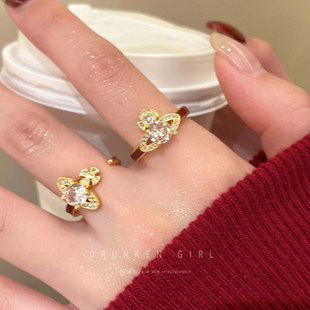 璀璨星河 闪锆金色土星戒指女轻奢小众高级感食指戒开口叠戴指环