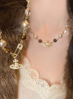 虎眼石西太后土星珍珠项链女