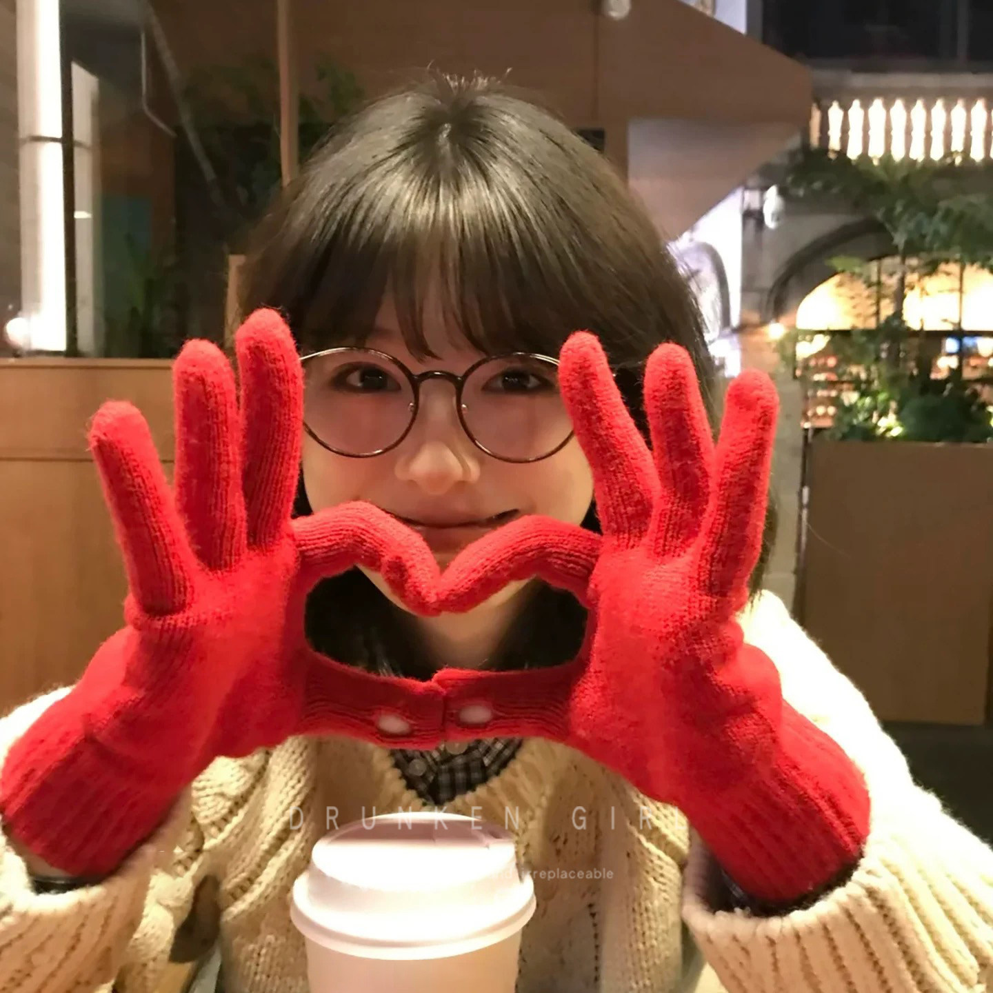 圣诞节红色针织手套女秋冬