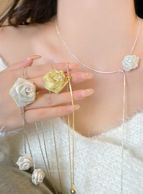 纯欲风山茶花珍珠项链女款秋冬