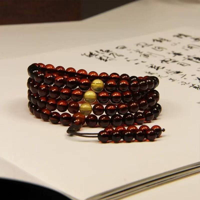 精品血珀108颗珠3圈长手链黄水晶配件勇气幸运石转运招财国风礼物