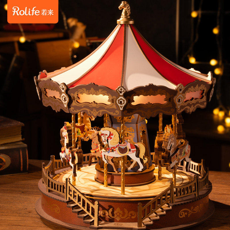 若态若来旋转木马音乐盒diy手工八音盒木质拼装立体拼图积木玩具