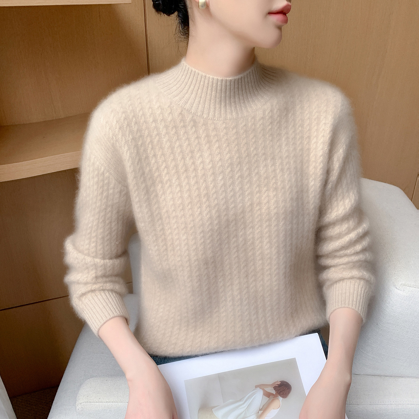 重磅加厚半高领山羊绒衫女2025秋冬季扭花毛衣宽松针织打底衫内搭,女装/女士精品,羊绒衫,淘宝优惠券,粉丝福利购,淘宝优惠卷