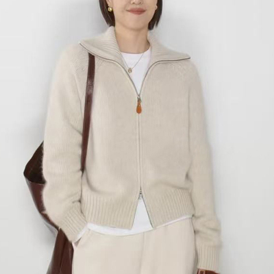 山羊绒开衫女翻领拉链宽松显瘦