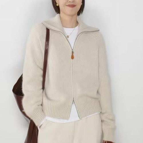 山羊绒开衫女翻领拉链宽松显瘦