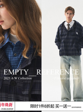 EMPTY REFERENCE 蓝色复古格纹结构抽绳宽松休闲格子夹克连帽外套