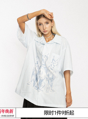 十个勤天 郭殿甲EMPTY REFERENCE蓝色条纹线条杜宾犬衬衫短袖衬衣