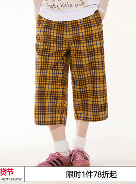 EMPTY REFERENCE松弛感黄色慵懒复古格纹刺绣宽松廓形短裤八分裤