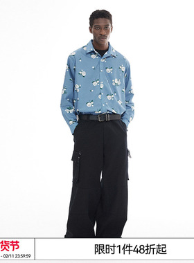 特惠6折起EMPTY REFERENCE原创玫瑰印花蓝色休闲衬衣百搭长袖衬衫