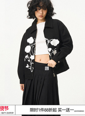 EMPTY REFERENCE美式复古原创白色花束丝印翻领休闲宽松夹克外套