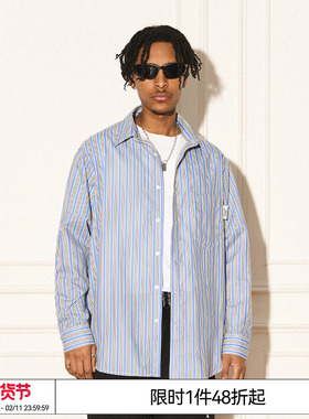 特惠6折起 EMPTY REFERENCE 黄蓝结构条纹宽松休闲衬衣长袖衬衫