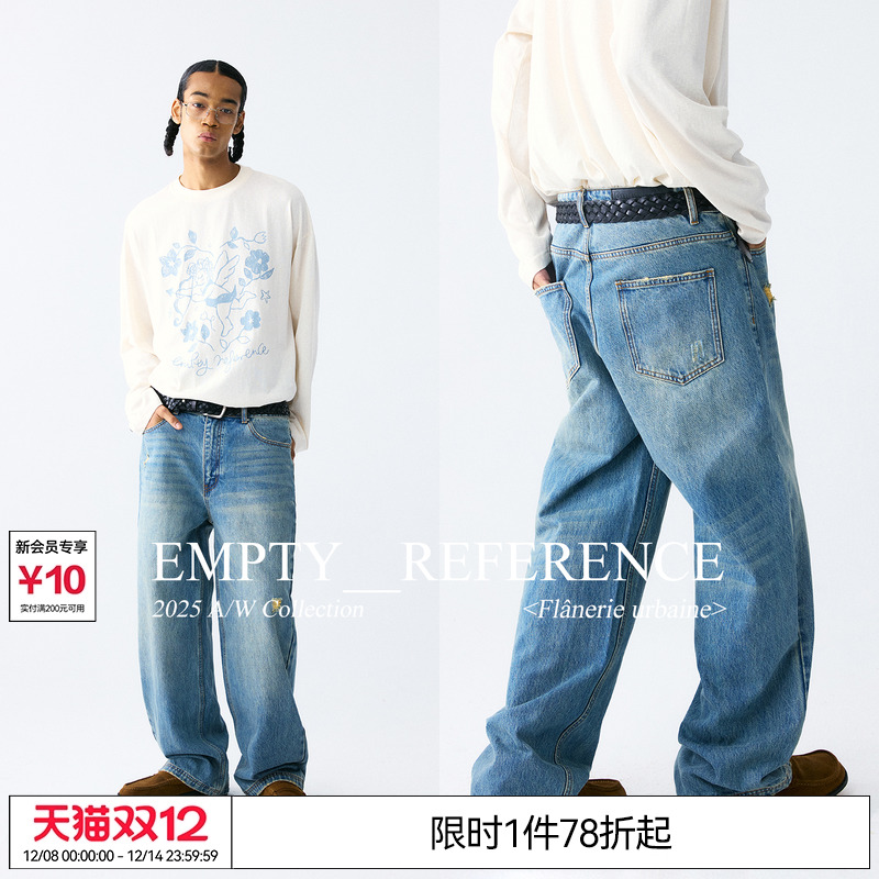 姚冠宇 EMPTY REFERENCE 宽松廓形复古水洗猫须破洞休闲裤牛仔裤