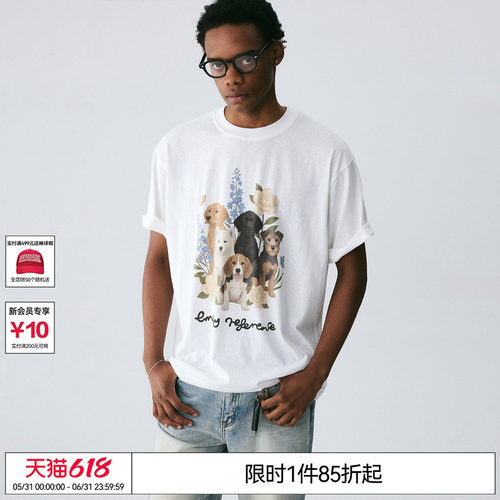 EMPTY REFERENCE雪花肌理白色花园狗狗印花短袖落肩宽松凉感T恤