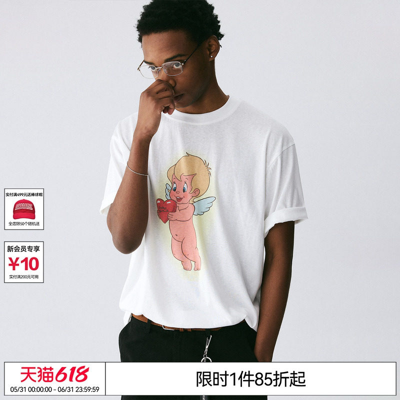 EMPTY REFERENCE白色雪花肌理手绘卡通天使印花打底衫凉感短袖T恤