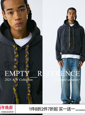 EMPTY REFERENCE碳灰结构分割编织抽绳短款宽松长袖重磅连帽卫衣