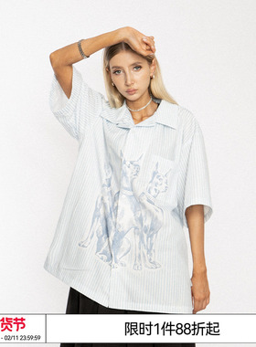 十个勤天 郭殿甲EMPTY REFERENCE蓝色条纹线条杜宾犬衬衫短袖衬衣