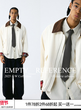 EMPTY REFERENCE翻领拼色复古格纹袖牌灯芯绒宽松休闲夹克外套