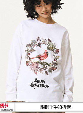 特惠6折起 EMPTY REFERENCE 复古小鸟印花宽松打底上衣长袖T恤