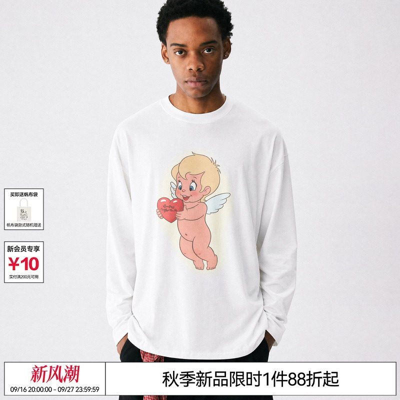EMPTY REFERENCE纯棉手绘爱心天使印花上衣打底衫休闲长袖T恤男女图片