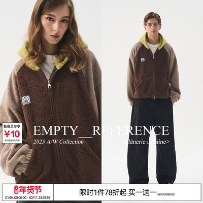 EMPTY REFERENCE 拼色插肩袖重磅宽松休闲拉链连帽羊羔绒夹克外套