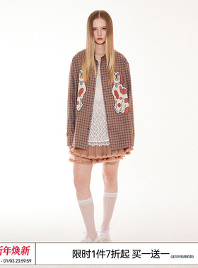 EMPTY REFERENCE美式复古手绘斑点狗印花格子长袖衬衫