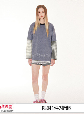 特惠8折 EMPTY REFERENCE 原创拼色假两件条纹长袖打底衫T恤