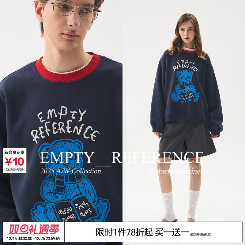 EMPTY REFERENCE绘阅读小熊藏青拼色手印花重磅宽松长袖圆领卫衣