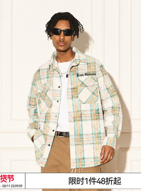 特惠6折起 EMPTY REFERENCE原创黄白格纹喷砂长袖衬衫外套国潮流