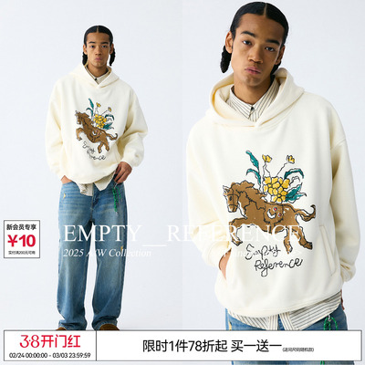 EMPTY REFERENCE小马与花朵手绘印花杏色宽松休闲重磅连帽卫衣